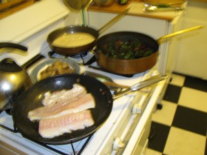 Cod, cream sauce & chard on the stove top