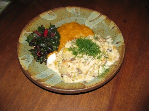 Cod with mushroom fennel cream sauce, squash & chard
